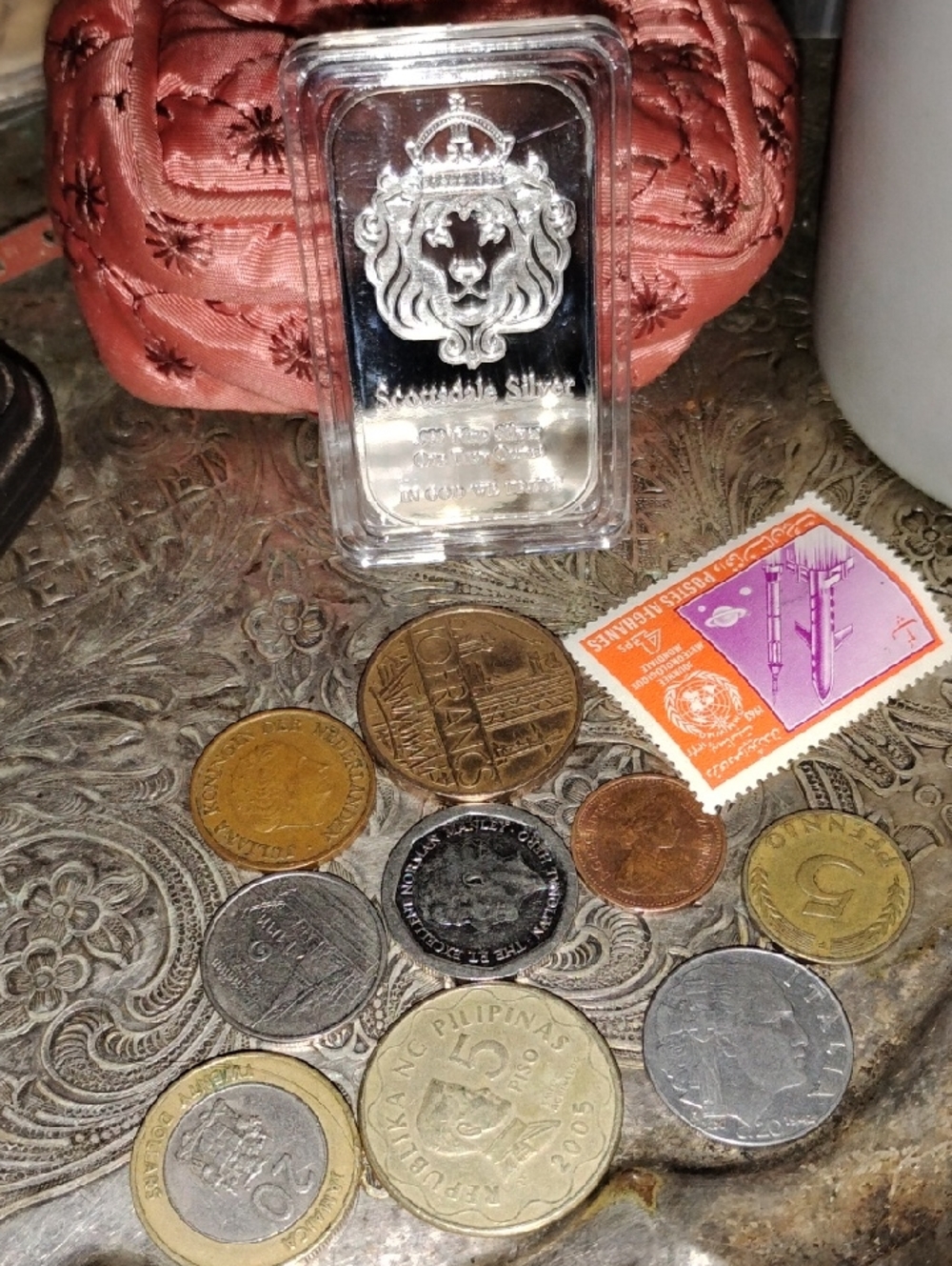 Silver Lion Crest Plate Bar with Assorted Coins and Stamp